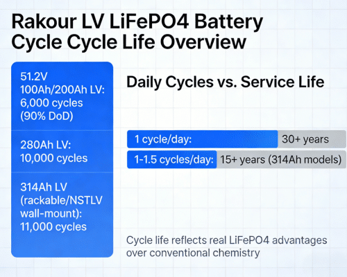 Chart showing Rakour LV LiFePO4 battery life from 6000 to 11000 cycles across 100Ah 200Ah 280Ah and 314Ah models