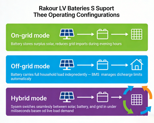 Diagram of Rakour LV battery in on-grid, off-grid solar system and hybrid mode configurations