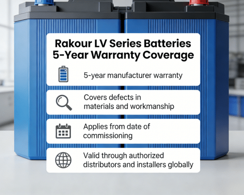 Rakour LV solar battery 5-year manufacturer warranty coverage diagram for residential installations via authorised distributors