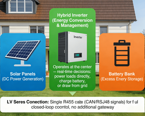 Rakour LV solar battery storage system showing solar panels, hybrid inverter and battery bank connection diagram