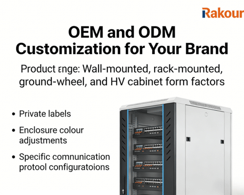 Rakour OEM ODM LiFePO4 battery customization options including rack-mounted wall-mounted and HV cabinet for distributors