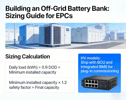 Rakour off-grid battery bank sizing guide for EPC contractors using HV LiFePO4 server rack battery with DOD calculation