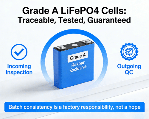 Rakour Grade A LiFePO4 prismatic cells with factory-direct traceability and batch quality control for off-grid BESS