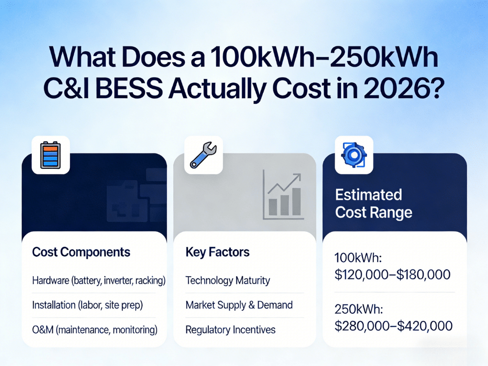 Commercial 100kWh to 250kWh BESS cost comparison in 2026 showing hardware vs installed cost and RakourHV pricing transparency