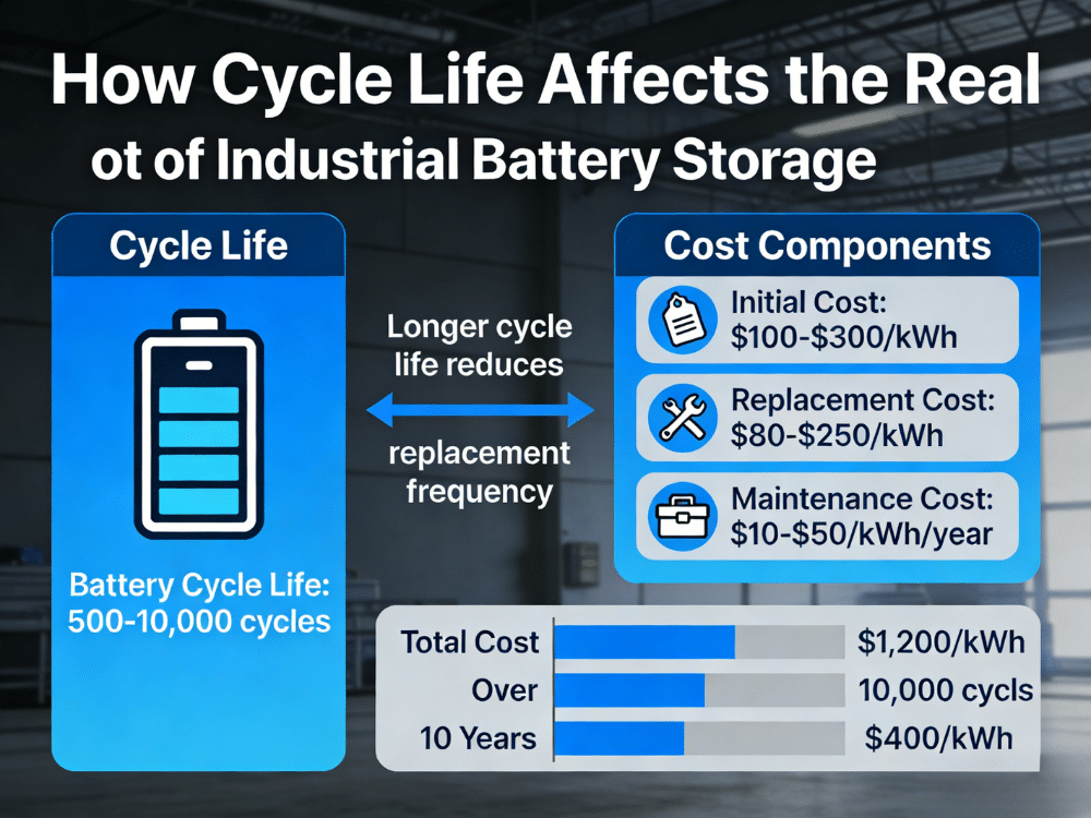 Industrial BESS cycle life impact on real cost showing RakourHV 314Ah cells, degradation over years, and LCOE modeling
