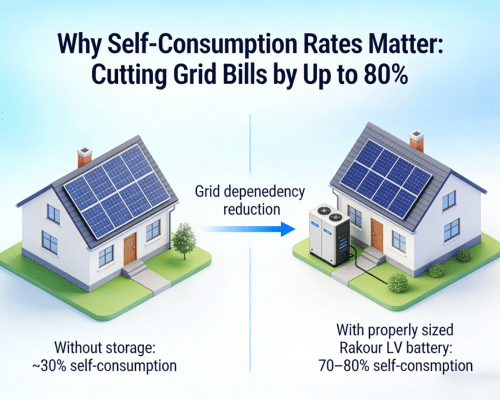 Chart comparing residential energy storage self-consumption rates: 30% without battery storage vs 80% with Rakour LV battery system