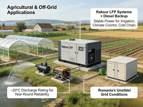 Off grid solar battery and diesel hybrid system for farms and greenhouses in Romania using LiFePO4 energy storage with reliable low temperature performance