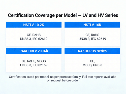 Rakour LV and HV battery storage models certification coverage including CE RoHS UN38.3 IEC 62619 and MSDS by product model