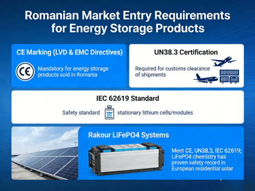 CE UN38.3 and IEC 62619 certifications for LiFePO4 battery storage systems entering Romania ensuring safety compliance and transport approval