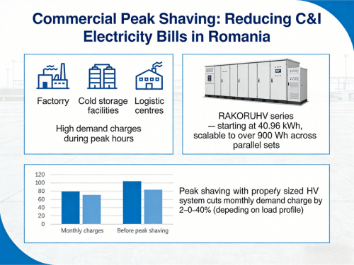Commercial and industrial peak shaving in Romania using RAKOUR HV battery storage to reduce demand charges and energy costs