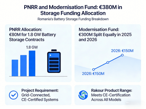 Romania PNRR and Modernisation Fund battery storage funding €380M supporting 1.8GW grid connected CE certified systems