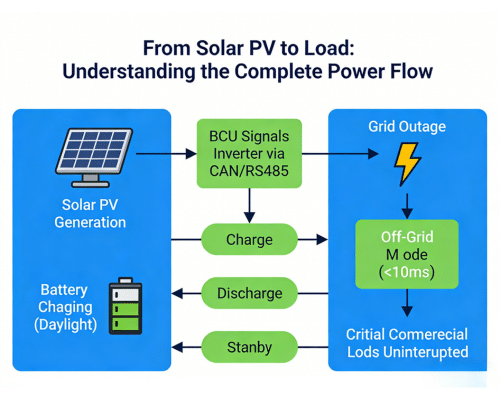 Complete power flow from solar PV panels through Rakour server rack battery and inverter to commercial load