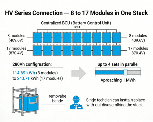 Stackable high voltage LiFePO4 battery modules connected in series for scalable energy storage