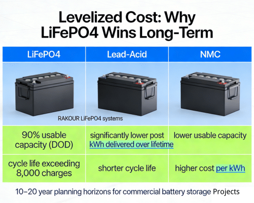 Industrial and commercial battery energy storage solution diagram comparing upfront cost, operating savings and total cost of ownership over system lifetime